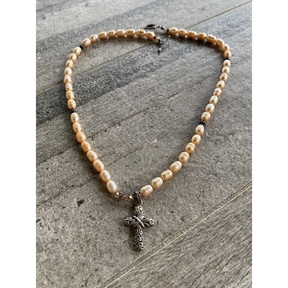 Pearls Necklace Cross 925 Sterling Silver Artisan Vintage Estate 18”